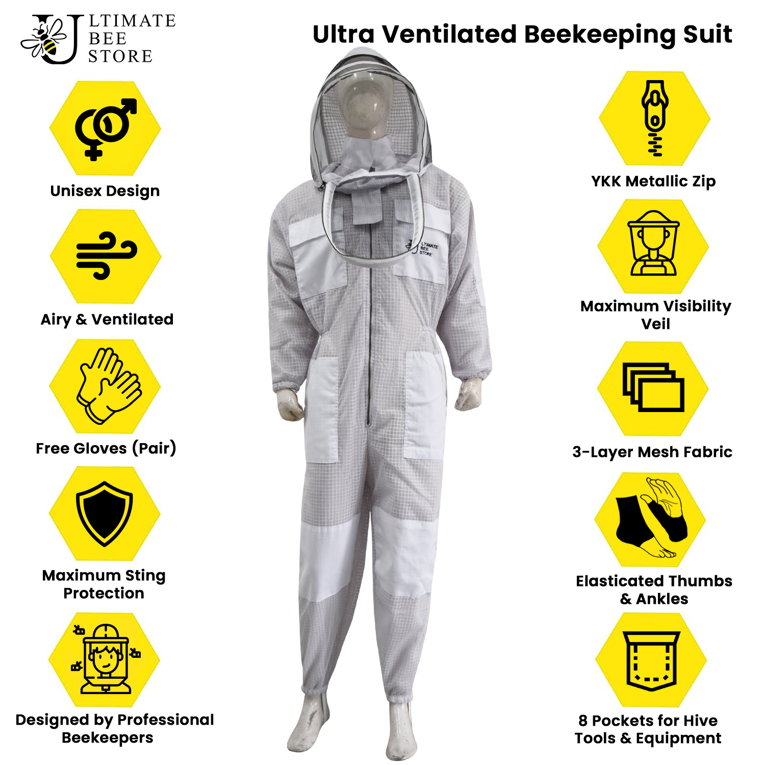 3 Layer Mesh Ultra Ventilated Beekeeping Suit in White Fencing Veil With a Extra Veil and Pair of Gloves (S-5XL) - Image 3