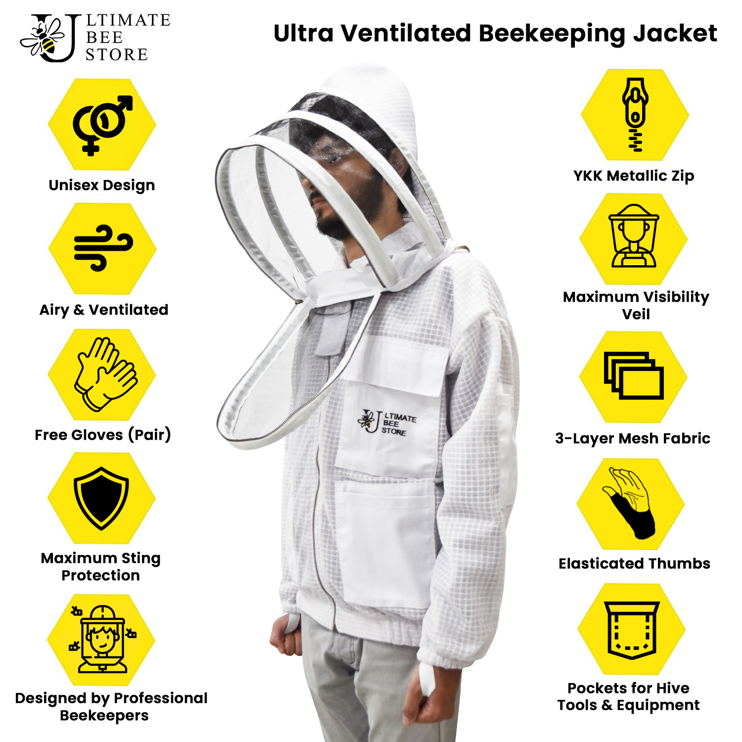 3 Layer Mesh Ventilated Beekeeping Jacket Fencing Veil in white Size (S-5XL) - Image 4