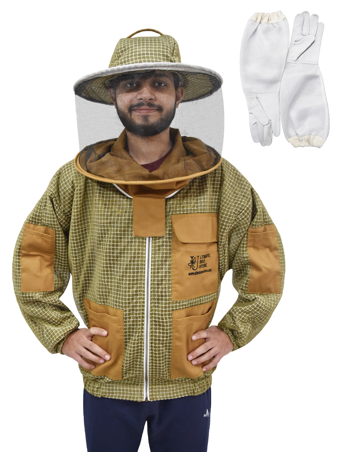 3 Layer Mesh Ventilated Beekeeping Jacket Round Veil in Khaki Size (S-5XL) - Image 2