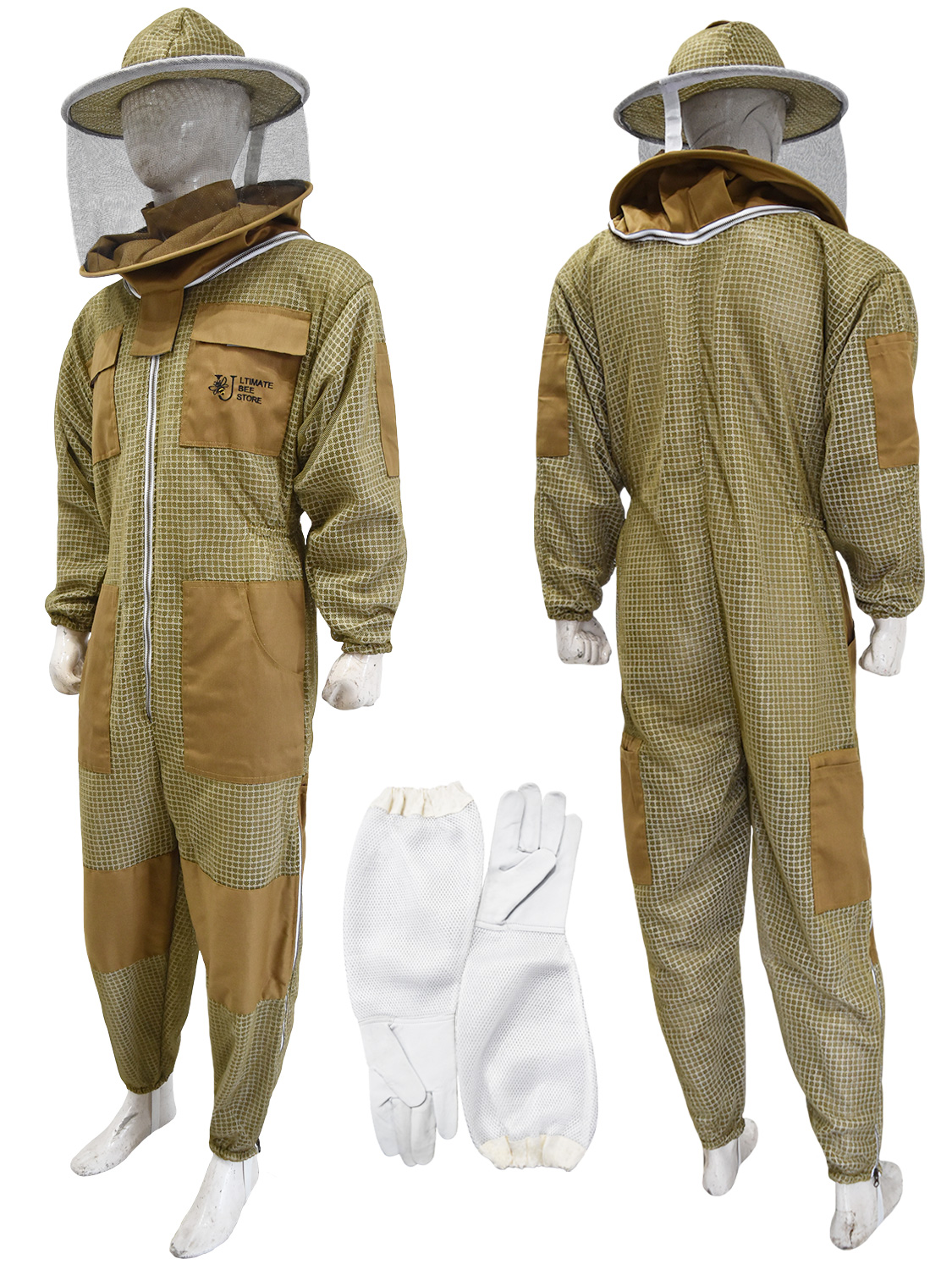 3 Layer Mesh Ultra Ventilated Beekeeping Suit in Color Khaki Round Veil and Pair of Gloves (S-5XL) - Image 2