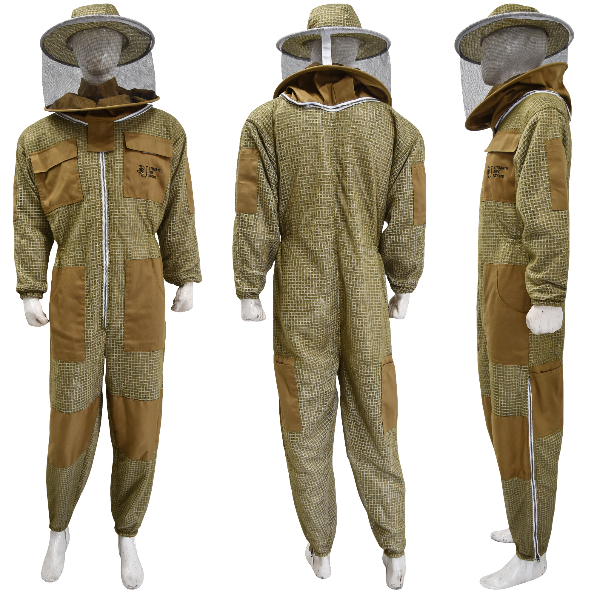 3 Layer Mesh Ultra Ventilated Beekeeping Suit in Color Khaki Round Veil and Pair of Gloves (S-5XL)
