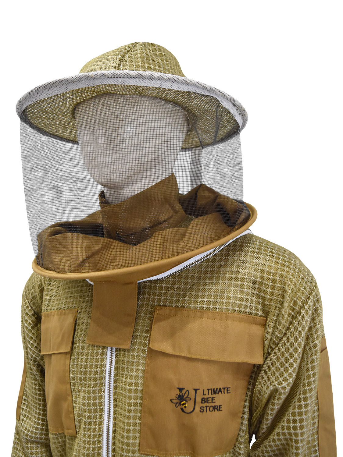 3 Layer Mesh Ultra Ventilated Beekeeping Suit in Color Khaki Round Veil and Pair of Gloves (S-5XL) - Image 4