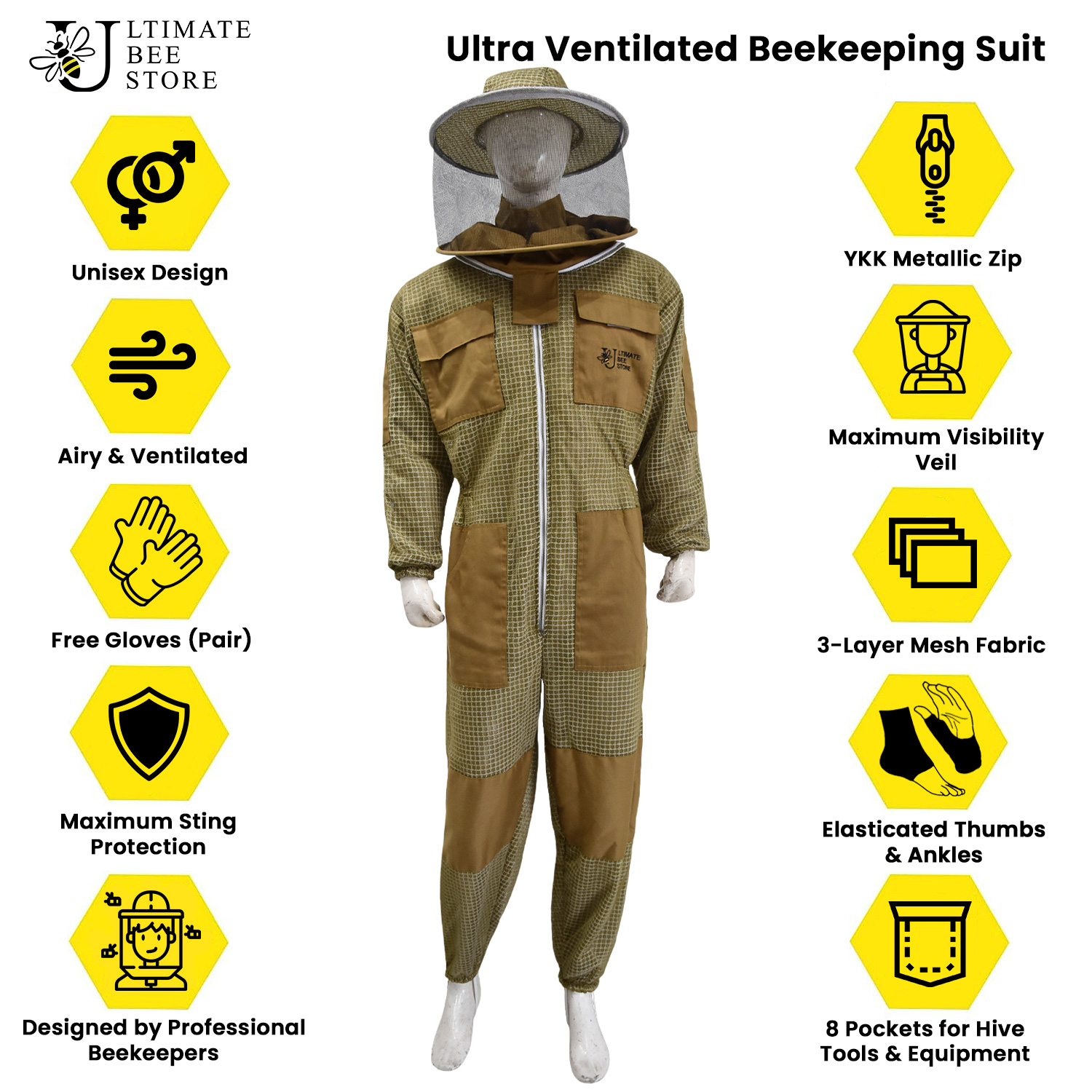 3 Layer Mesh Ultra Ventilated Beekeeping Suit in Color Khaki Round Veil and Pair of Gloves (S-5XL) - Image 3
