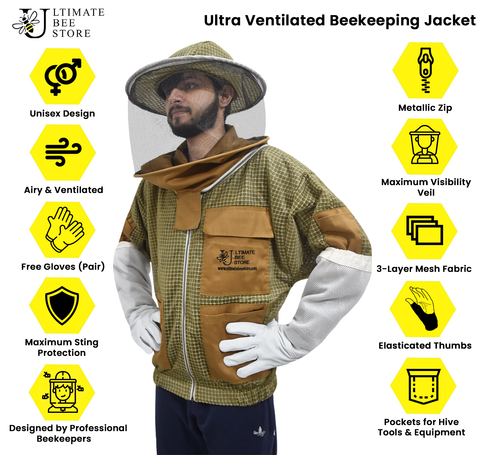 3 Layer Mesh Ventilated Beekeeping Jacket Round Veil in Khaki Size (S-5XL) - Image 5