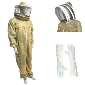 3 Layer Mesh Ultra Ventilated Beekeeping Suit in Khaki Round Veil With a Extra Veil and Pair of Gloves (S-5XL)