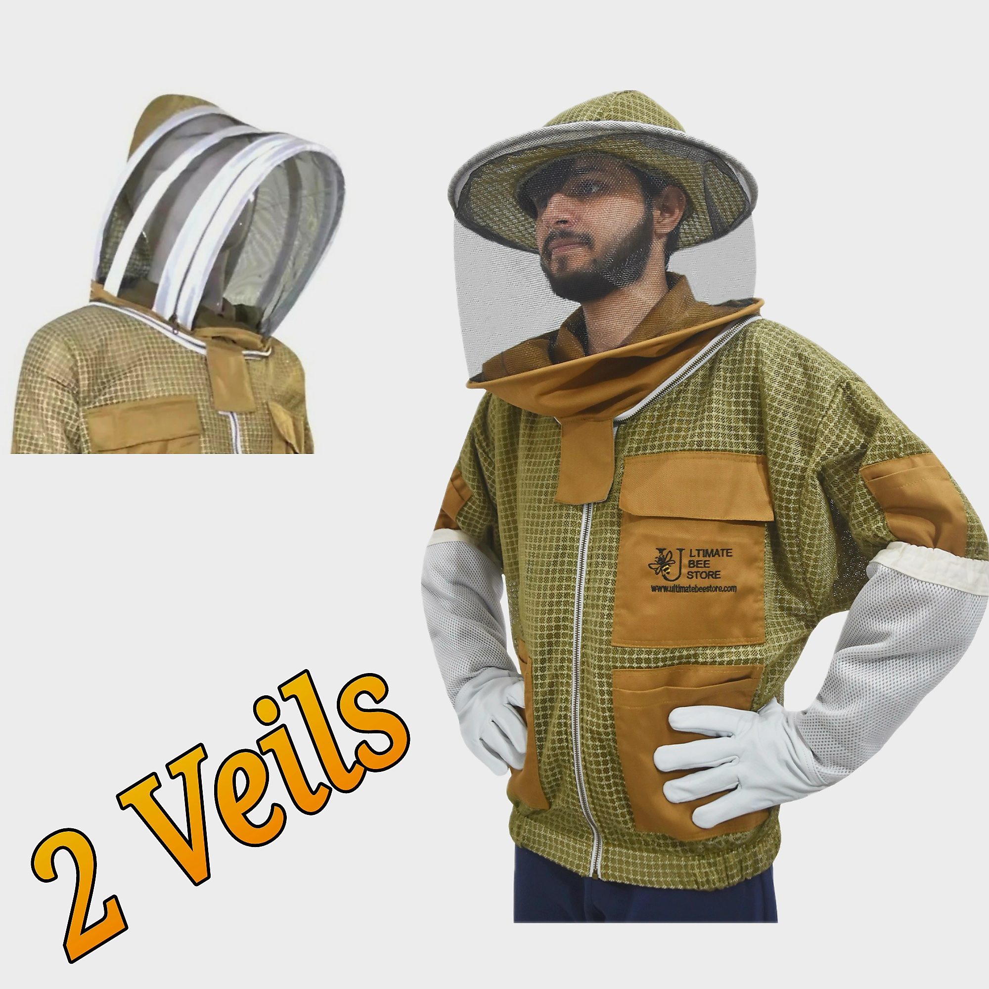 3 Layer Mesh Ventilated Beekeeping Jacket Round Veil in Khaki With a Extra Veil and Pair of Gloves Size (S-5XL)